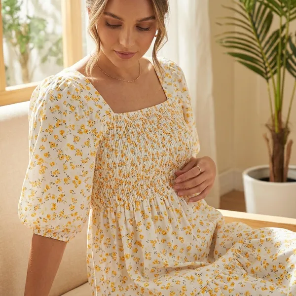 Beige_And_Yellow_Floral_Smocked_Midi_Dress_With_Puff_Sleeves