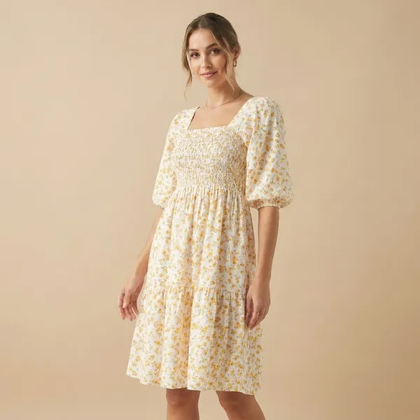 Beige_And_Yellow_Floral_Smocked_Midi_Dress_With_Puff_Sleeves