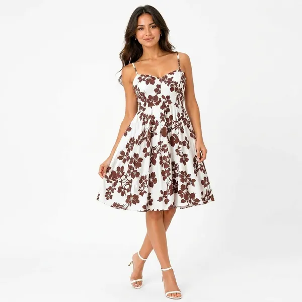 Brown_And_White_Floral_Print_Fit_And_Flare_Dress_With_Adjustable_Straps