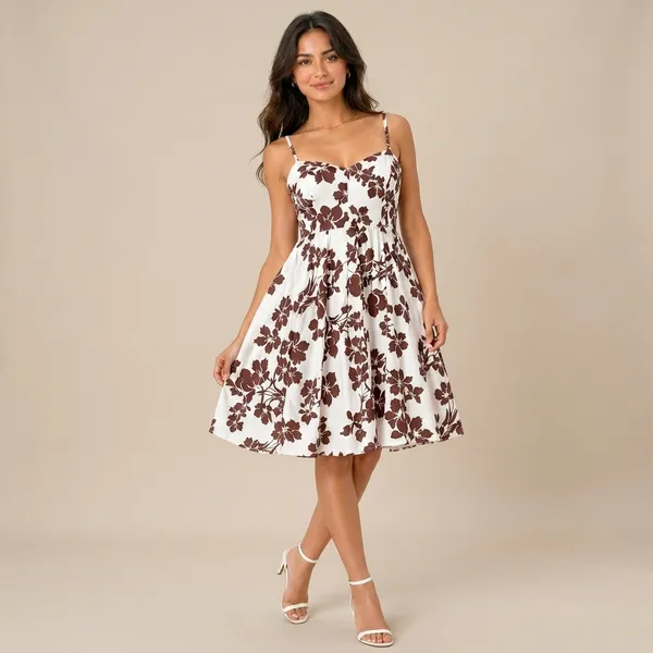Brown_And_White_Floral_Print_Fit_And_Flare_Dress_With_Adjustable_Straps