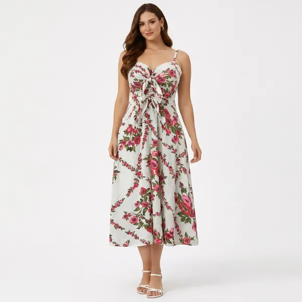 Multicolor_Floral_Print_Midi_Dress_With_Ruched_Bodice_And_Adjustable_Straps