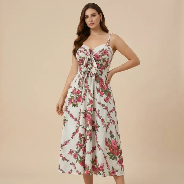 Multicolor_Floral_Print_Midi_Dress_With_Ruched_Bodice_And_Adjustable_Straps