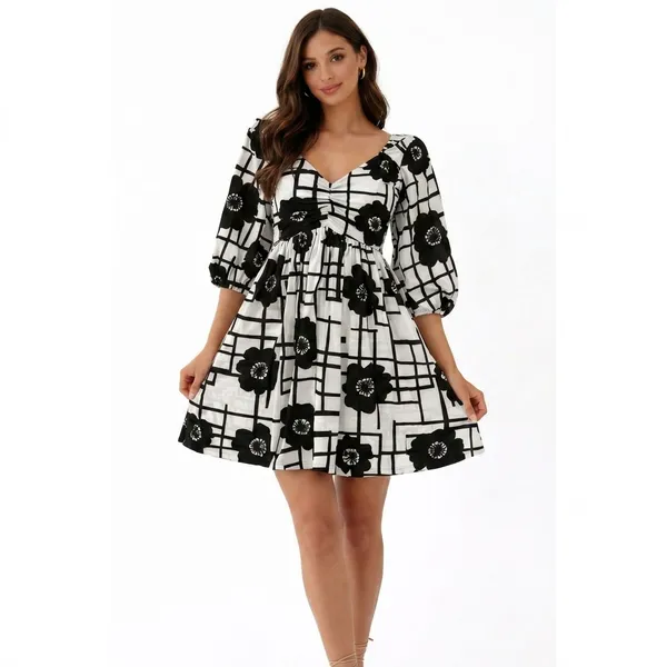 Black_And_White_Floral_Print_A_Line_Dress_With_Puff_Sleeves