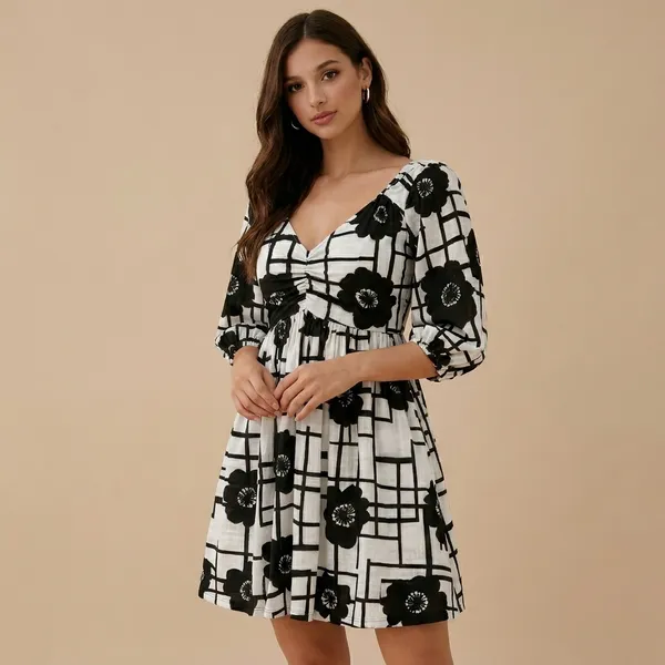 Black_And_White_Floral_Print_A_Line_Dress_With_Puff_Sleeves