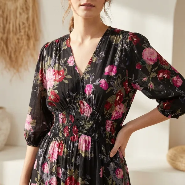 Multicolor_Floral_Print_V_Neck_Dress_With_Puff_Sleeves