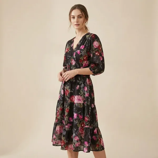 Multicolor_Floral_Print_V_Neck_Dress_With_Puff_Sleeves
