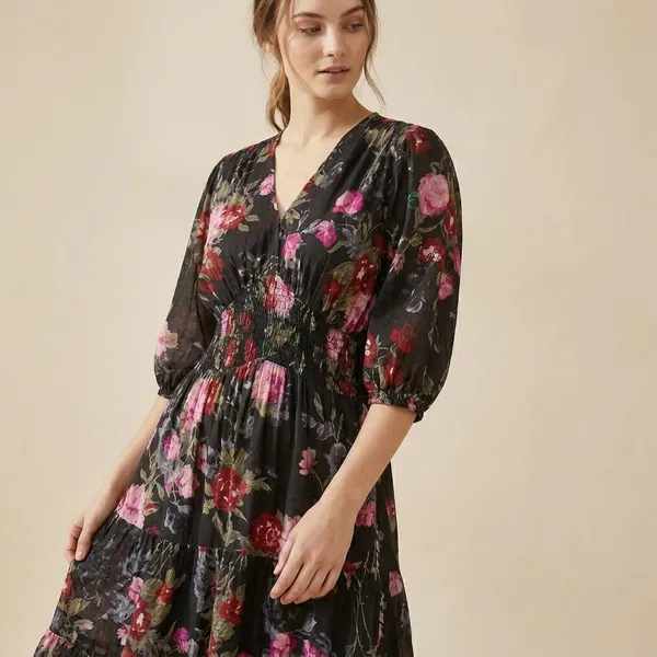 Multicolor_Floral_Print_V_Neck_Dress_With_Puff_Sleeves