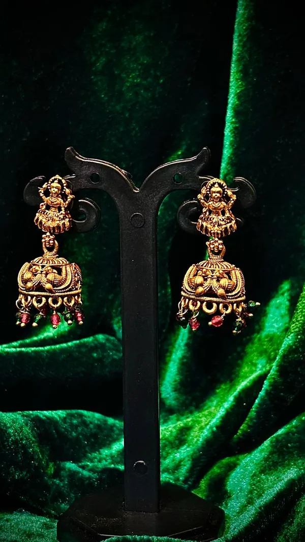 Traditional_Antique_Gold_Goddess_Jhumka_Earrings_with_Red_Bead_Drops