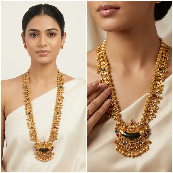 Traditional_Gold-Toned_Temple_Necklace_with_Green_and_Red_Stones