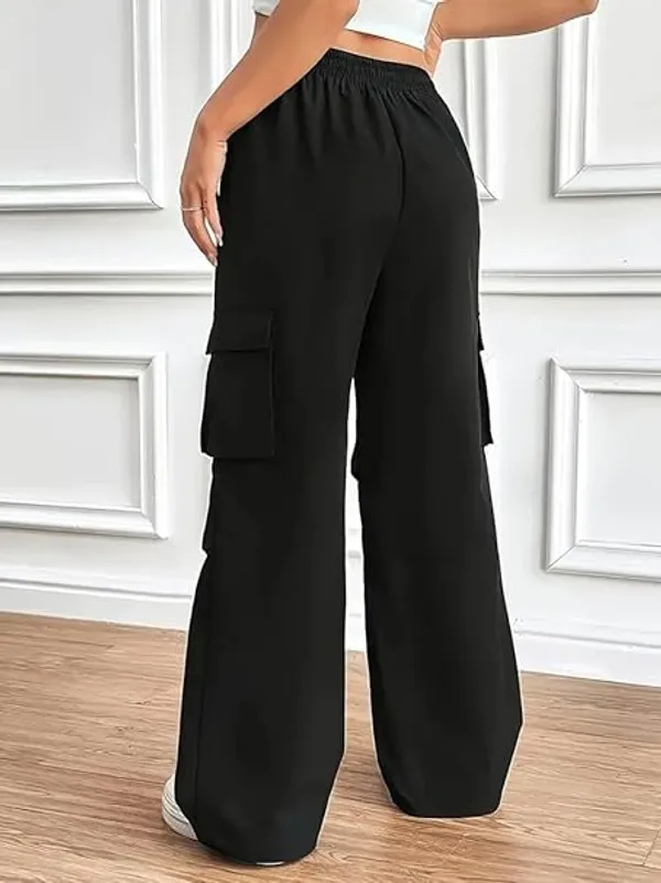 Womens_Black_Lycra_High_Waist_Wide_Leg_Casual_Cargo_Pants_With_Side_Pockets