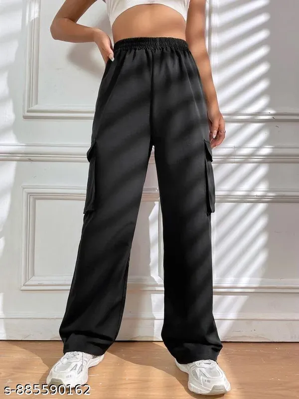 Womens_Black_Lycra_High_Waist_Wide_Leg_Casual_Cargo_Pants_With_Side_Pockets