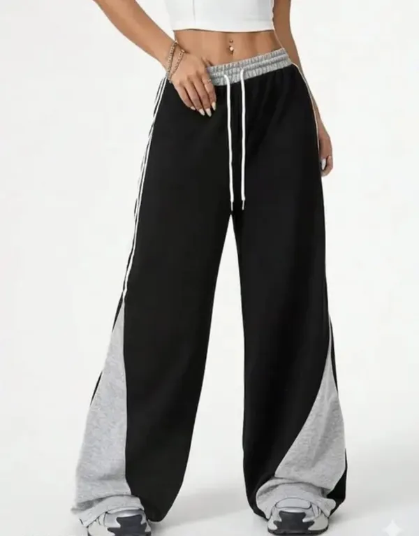Black_And_Grey_Color_Block_Drawstring_Track_Pants_For_Women