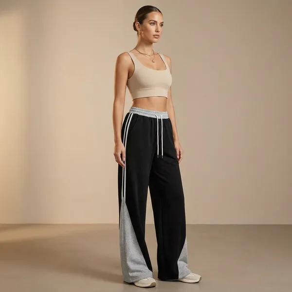 Black_And_Grey_Color_Block_Drawstring_Track_Pants_For_Women