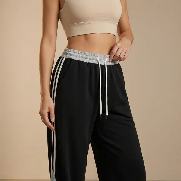 Black_And_Grey_Color_Block_Drawstring_Track_Pants_For_Women