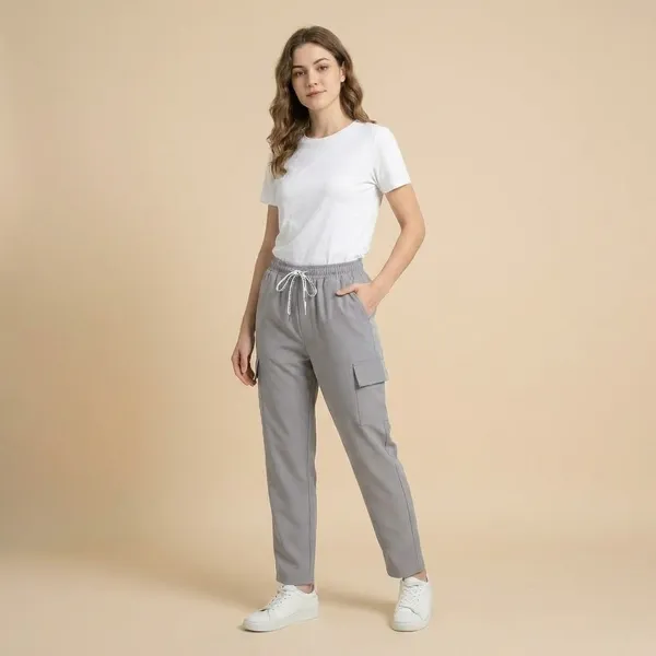 Unisex_Grey_Cargo_Jogger_Pants_With_Drawstring_Waist_And_Side_Pockets
