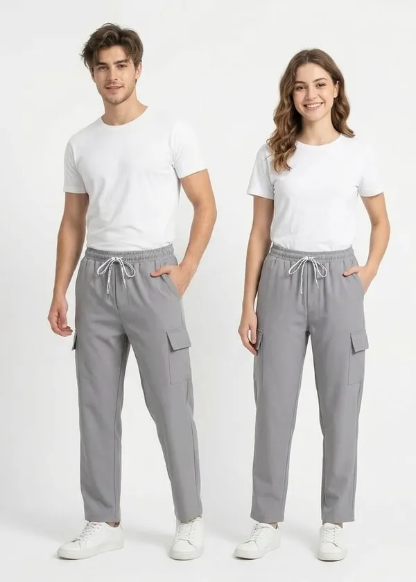Unisex_Grey_Cargo_Jogger_Pants_With_Drawstring_Waist_And_Side_Pockets