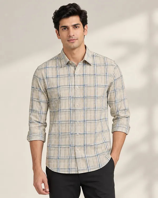 Beige_Casual_Checked_Shirt_For_Men