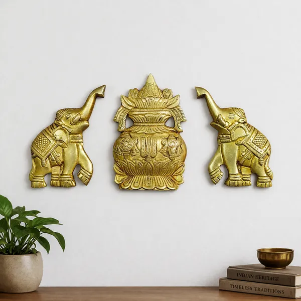 Sjl_Exports_Wall_Hanging_Kalash_With_Elephant_Pair_Set_Traditional_Brass_Finish_10_X_13_Cm_Home_Decor_For_Pooja_Room_And_Entrance_3_Piece_Set