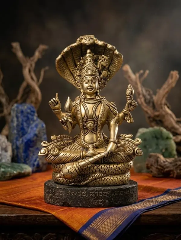 SJL_Pure_Brass_Vishnu_Sheshnag_Statue,_Handcrafted_Vishnu_Ji_Statue,_Antique_Brass_Finish,_28_�_18_cm,_for_Home_Mandir_&_Spiritual_D�cor