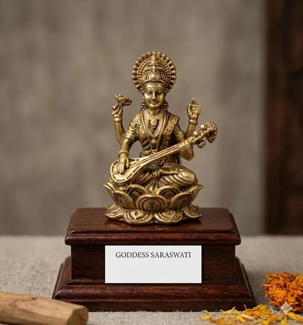 Brass_Saraswati_Ji_Idol_on_Lotus,_Antique_Finish,_5_cm,_for_Home_Mandir,_Study_Table_and_Office_Decor