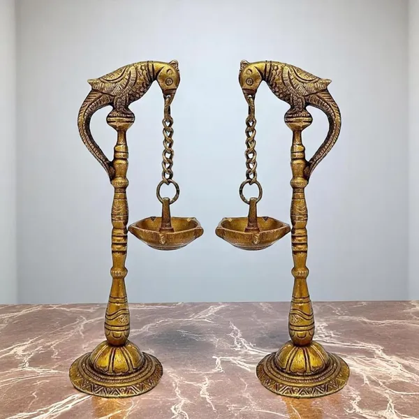 Sjl_Antique_Design_Bird_Parrot_Hanging_Chain_Diya_Oil_Lamp_Deepak_Deepam_Stand_Hindu_Religious_Puja_Diwali_Decoration_Brass_Table_Diya_Pack_Of_2_Height_8_Inch