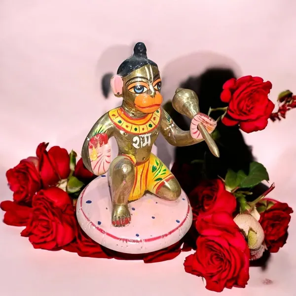 Sjl_Hand_Painted_Brass_Lord_Hanuman_Ji_Sitting_On_Gole_Base_Devotional_Figurine_Murti_Statue_Handcrafted_Showpiece_For_Mandir_Home_Gift_Living_Room_Decorative_Showpiece_13_Cm_Brass_Gold