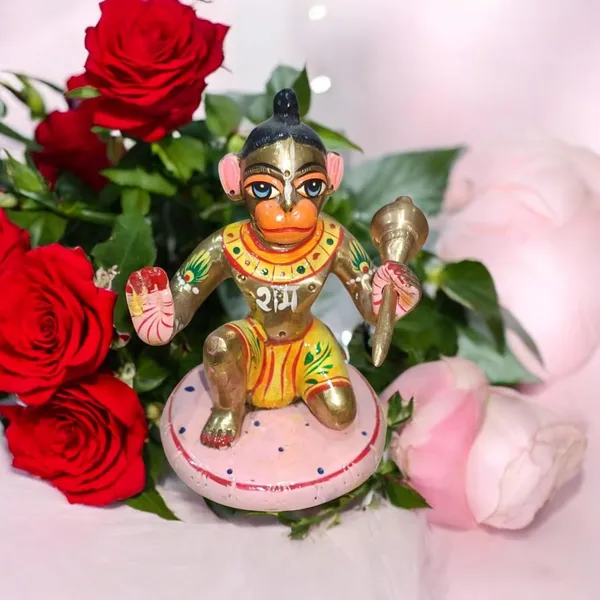 Sjl_Hand_Painted_Brass_Lord_Hanuman_Ji_Sitting_On_Gole_Base_Devotional_Figurine_Murti_Statue_Handcrafted_Showpiece_For_Mandir_Home_Gift_Living_Room_Decorative_Showpiece_13_Cm_Brass_Gold