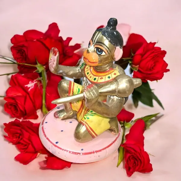 Sjl_Hand_Painted_Brass_Lord_Hanuman_Ji_Sitting_On_Gole_Base_Devotional_Figurine_Murti_Statue_Handcrafted_Showpiece_For_Mandir_Home_Gift_Living_Room_Decorative_Showpiece_13_Cm_Brass_Gold