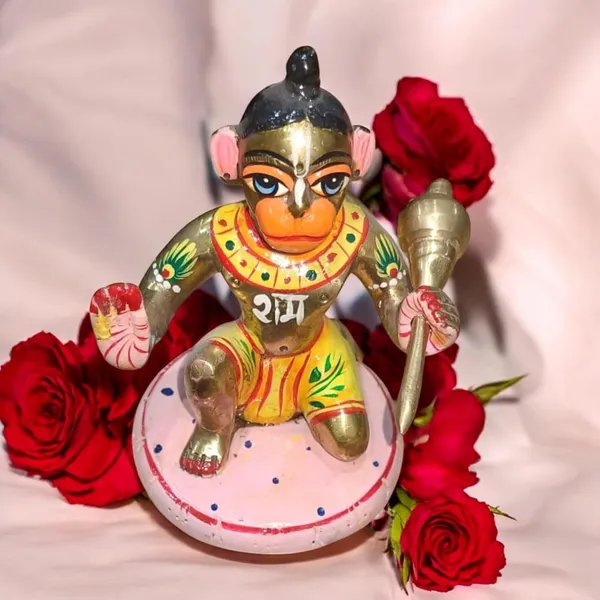 Sjl_Hand_Painted_Brass_Lord_Hanuman_Ji_Sitting_On_Gole_Base_Devotional_Figurine_Murti_Statue_Handcrafted_Showpiece_For_Mandir_Home_Gift_Living_Room_Decorative_Showpiece_13_Cm_Brass_Gold