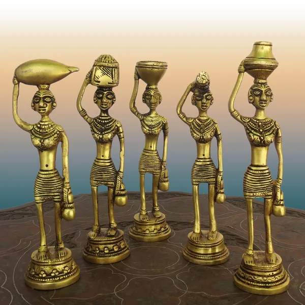 Idol_Farmer_Lady_Daily_Life_Set_Of_5_For_Home_Office_Decor_Item_Finish_Antique_Decorative_Showpiece_21_Cm_Brass_Gold