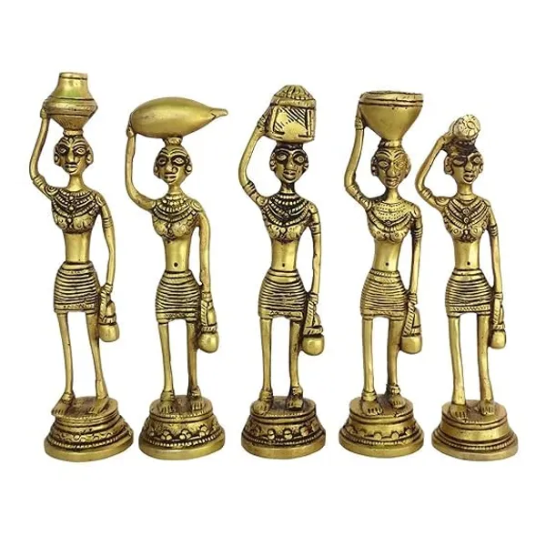 Idol_Farmer_Lady_Daily_Life_Set_Of_5_For_Home_Office_Decor_Item_Finish_Antique_Decorative_Showpiece_21_Cm_Brass_Gold