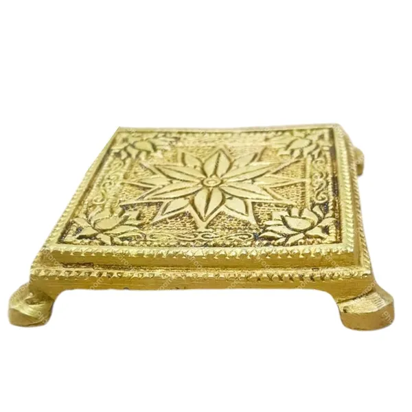 Sjl_Antique_Design_Pooja_Chowki_Bajot_For_Pooja_God_Idols_Square_Shape_Four_Leg_Flower_Design_Stand_Brass_All_Purpose_Chowki_Gold_Pack_Of_1