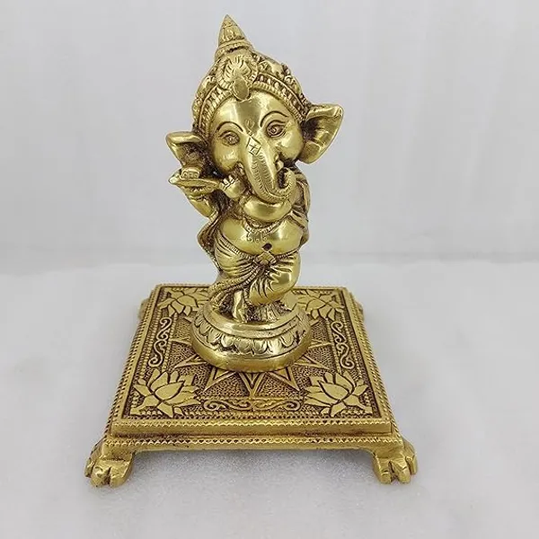 Sjl_Antique_Design_Pooja_Chowki_Bajot_For_Pooja_God_Idols_Square_Shape_Four_Leg_Flower_Design_Stand_Brass_All_Purpose_Chowki_Gold_Pack_Of_1