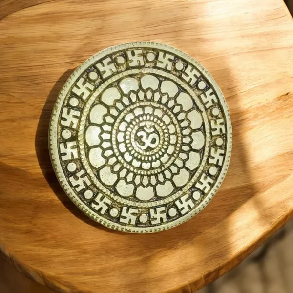 Sjl_Brass_Chowki_Bajot_For_Pooja_God_Idols_Round_Shape_Three_Leg_Om_Design_Stand_Brass_All_Purpose_Chowki