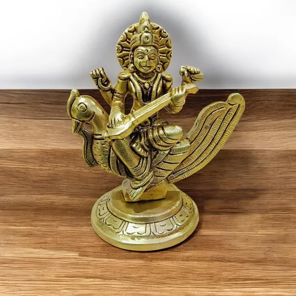 Goddess_Saraswati_Sitting_On_A_Peacock_For_Desk_And_Home_Decor_Antique_Finish_Decorative_Showpiece_11_Cm_Brass_Gold