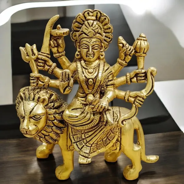 Sjl_Maa_Durga_Idol_Sitting_On_Lion_Maa_Sherawali_Statue_For_Pooja_Living_Room_Decorative_Showpiece_-_18_Cm_(Brass,_Gold)