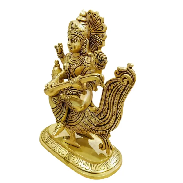 Goddess_Saraswati_Sitting_On_A_Peacock_For_Desk_And_Home_Decor_Antique_Finish_Decorative_Showpiece_18_Cm_Brass_Gold