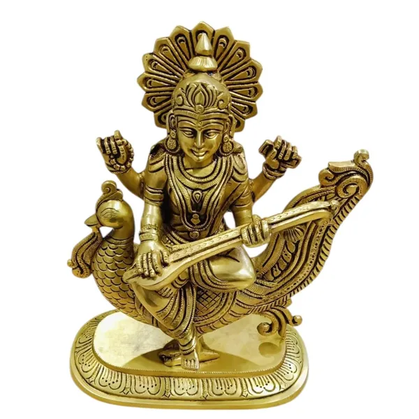 Goddess_Saraswati_Sitting_On_A_Peacock_For_Desk_And_Home_Decor_Antique_Finish_Decorative_Showpiece_18_Cm_Brass_Gold