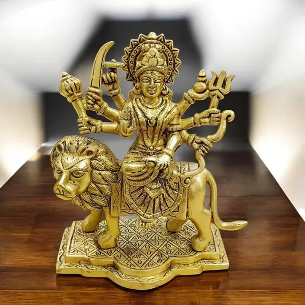Sjl_Brass_Maa_Durga_Idol_Sitting_On_Lion_Maa_Sherawali_Statue_For_Pooja_Living_Room_Decorative_Showpiece_23_Cm_Brass_Gold_Maa_Durga_Idol_Figurine_Perfect_For_Worship_And_Blessings