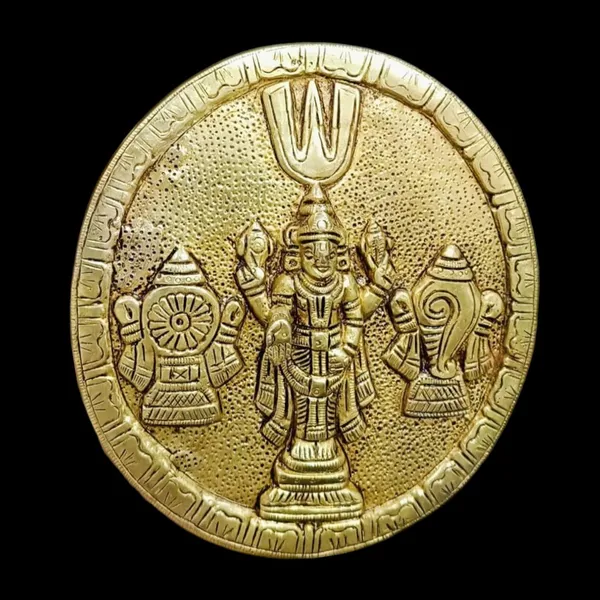 Lord_Tirupati_Balaji_Sri_Venkateswara_Balaji_With_Shankh_Chakra_Wall_Hanging_Decorative_Showpiece_15_Cm_Brass_Gold_Handcrafted_Brass_Tirupati_Balaji_Face_Round_Shape_Wall_Mount