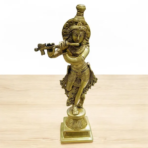 Sjl_Brass_Lord_Krishna_With_Flute_Statue_Idol_Sculpture_God_Of_Love_Playing_Flute_Makhan_Chor_Ladoo_Gopal_For_Home_Office_Mandir_Decor_Decorative_Showpiece_27_Cm_Brass_Gold