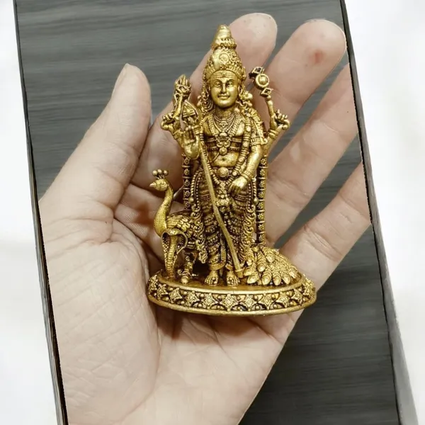 Sjl_Wax_Casting_Brass_Kartikeya_Murugan_Idol_For_Car_Dashboard,_Housewarming,_Gifting_Decorative_Showpiece_-_8_Cm_(Brass,_Gold)