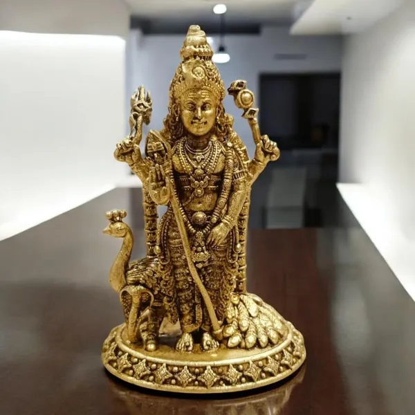 Sjl_Wax_Casting_Brass_Kartikeya_Murugan_Idol_For_Car_Dashboard,_Housewarming,_Gifting_Decorative_Showpiece_-_8_Cm_(Brass,_Gold)