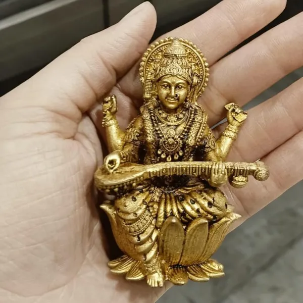 Sjl_Wax_Casting_Brass_Saraswati_Sitting_On_A_Lotus_Antique_Finish_Statue_With_Veena_For_Home_Temple_Study_Table_Gift_Purpose_Desk_Decor_Decorative_Showpiece_8_Cm_Brass_Gold