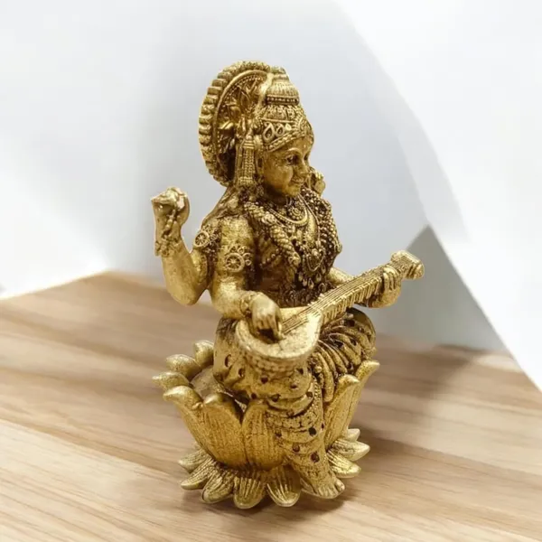 Sjl_Wax_Casting_Brass_Saraswati_Sitting_On_A_Lotus_Antique_Finish_Statue_With_Veena_For_Home_Temple_Study_Table_Gift_Purpose_Desk_Decor_Decorative_Showpiece_8_Cm_Brass_Gold