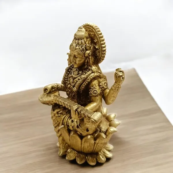 Sjl_Wax_Casting_Brass_Saraswati_Sitting_On_A_Lotus_Antique_Finish_Statue_With_Veena_For_Home_Temple_Study_Table_Gift_Purpose_Desk_Decor_Decorative_Showpiece_8_Cm_Brass_Gold