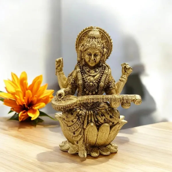 Sjl_Wax_Casting_Brass_Saraswati_Sitting_On_A_Lotus_Antique_Finish_Statue_With_Veena_For_Home_Temple_Study_Table_Gift_Purpose_Desk_Decor_Decorative_Showpiece_8_Cm_Brass_Gold