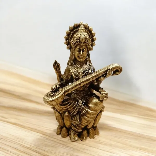 Sjl_Wax_Casting_Brass_Goddess_Saraswati_Idol_Sitting_On_A_Flower_Antique_Finish_Statue_With_Veena_For_Home_Temple_Study_Table_Gift_Purpose_Desk_Decor_Decorative_Showpiece_5_Cm_Brass_Gold