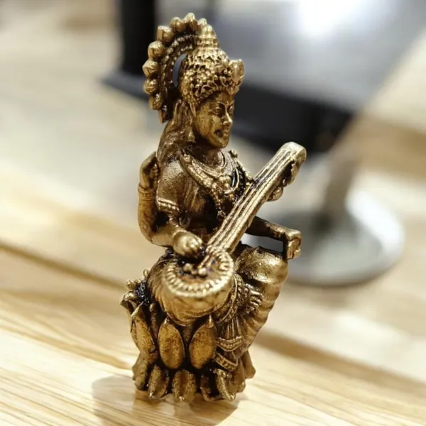 Sjl_Wax_Casting_Brass_Goddess_Saraswati_Idol_Sitting_On_A_Flower_Antique_Finish_Statue_With_Veena_For_Home_Temple_Study_Table_Gift_Purpose_Desk_Decor_Decorative_Showpiece_5_Cm_Brass_Gold