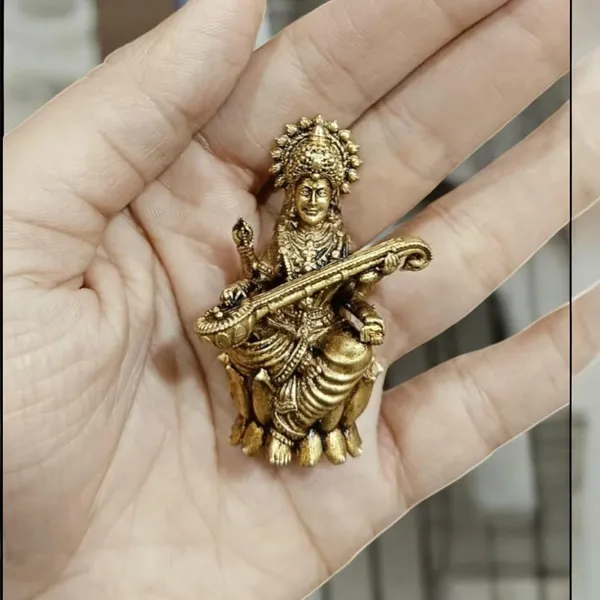 Sjl_Wax_Casting_Brass_Goddess_Saraswati_Idol_Sitting_On_A_Flower_Antique_Finish_Statue_With_Veena_For_Home_Temple_Study_Table_Gift_Purpose_Desk_Decor_Decorative_Showpiece_5_Cm_Brass_Gold